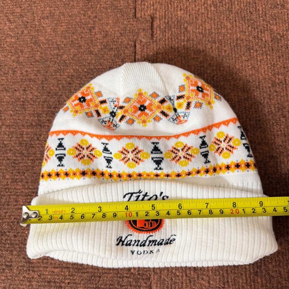 Tito's Handmade Vodka Beanie White Fair Isle Knit Fleece Lined Winter Hat - Picture 5 of 6